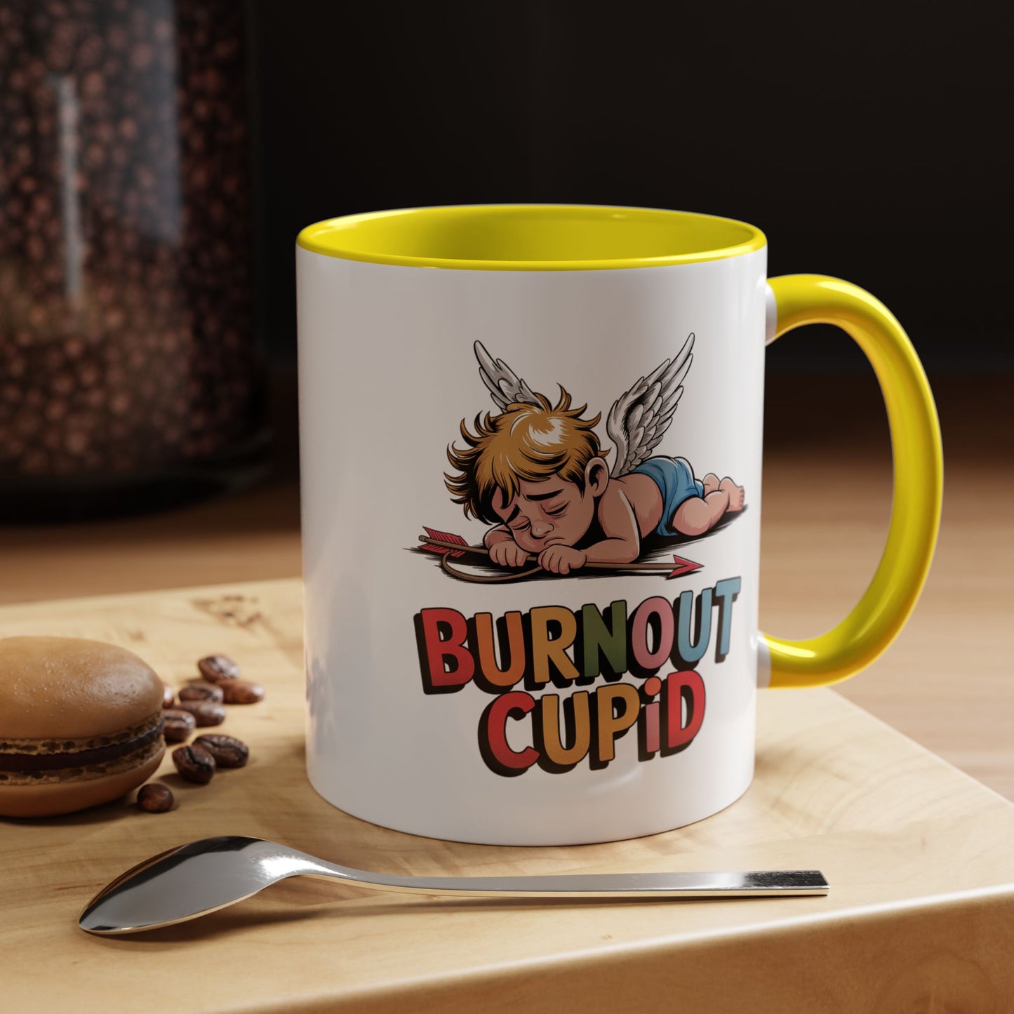 Burnout Cupid Coffee Mug — Cute Tired Cupid Accent Mug (11/15 oz)