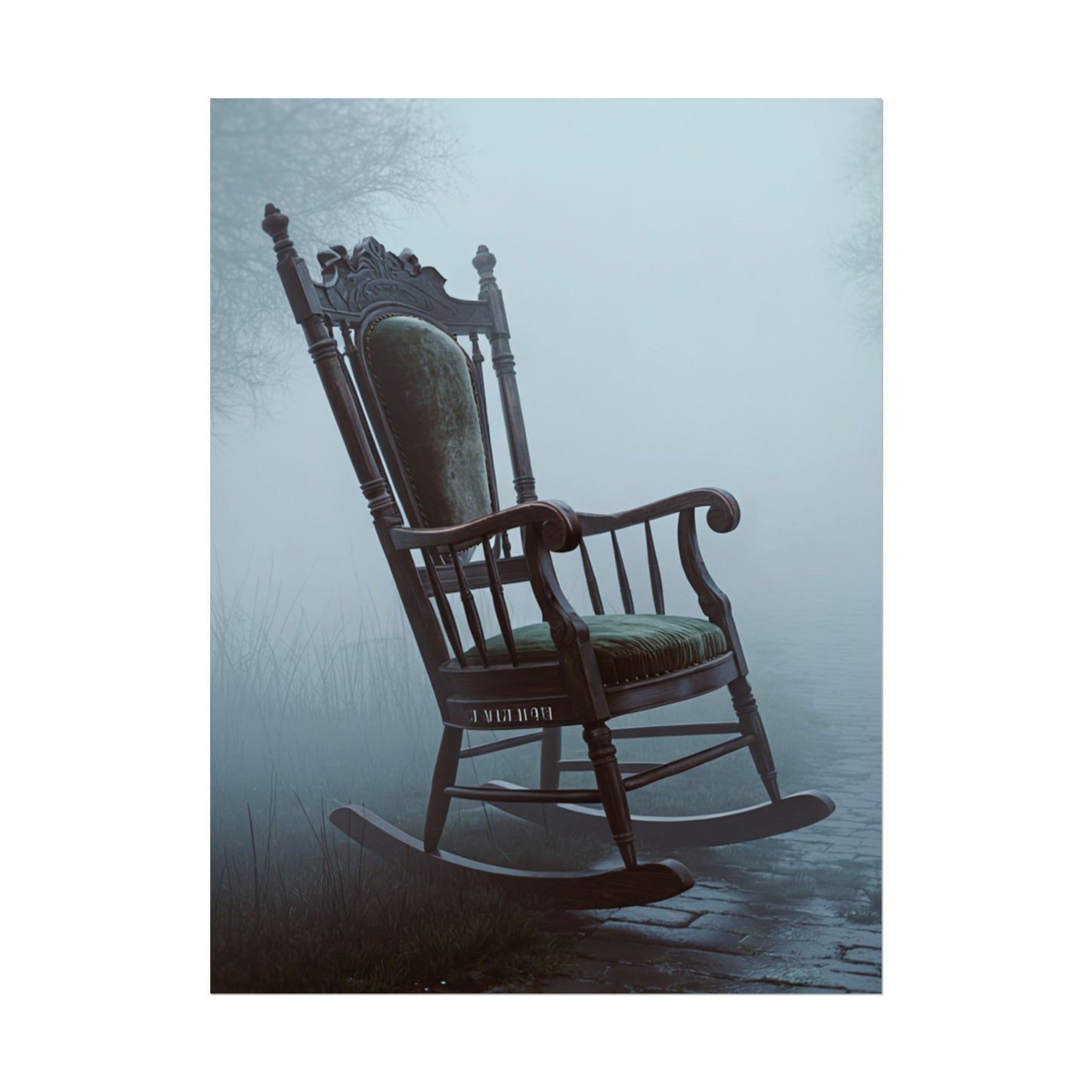 Vintage-Schaukelstuhl-Poster – Stimmungsvolles, nebliges Cottage-Wandbild (gerolltes Poster)