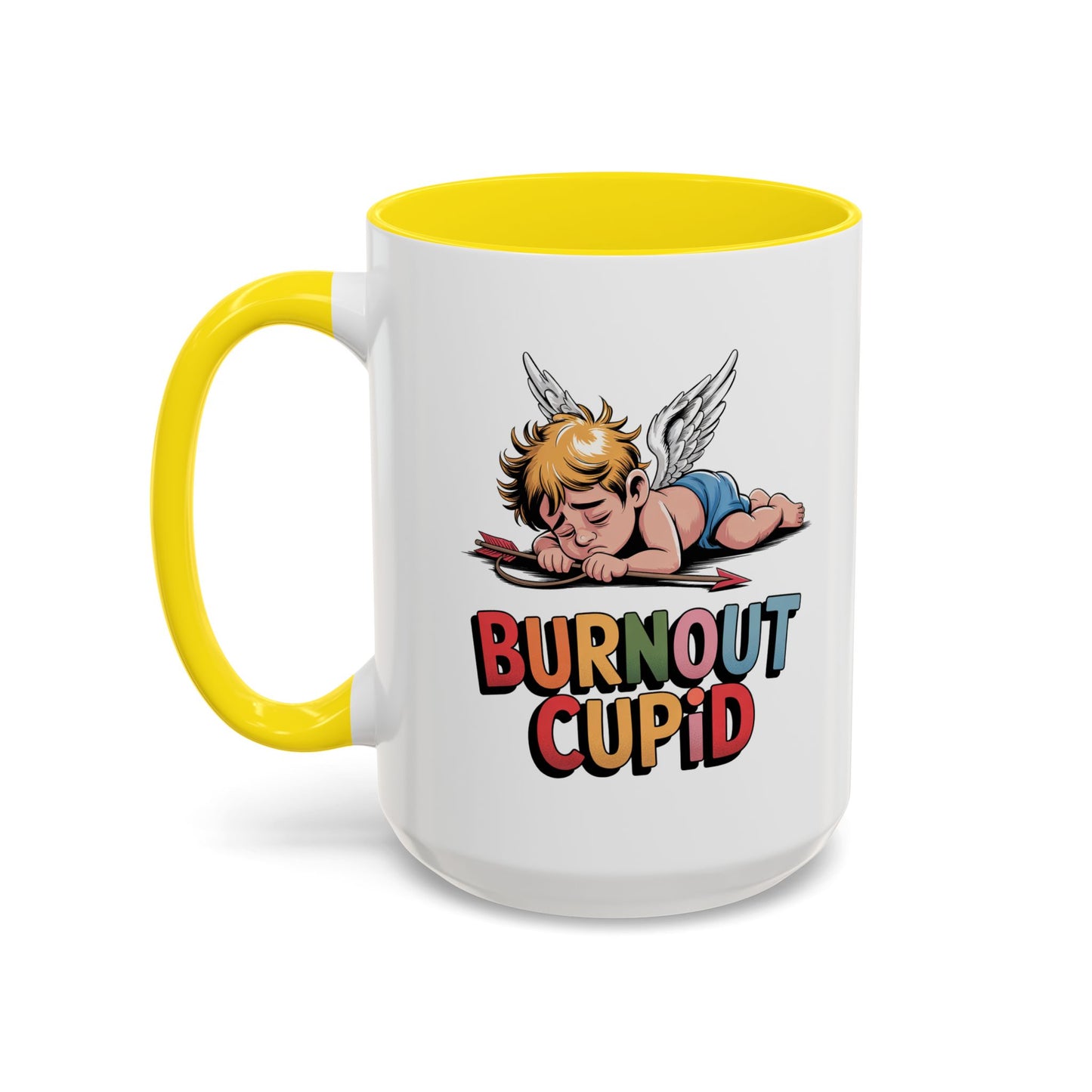 Burnout Cupid Coffee Mug — Cute Tired Cupid Accent Mug (11/15 oz)