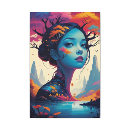 Surreal Blue Muse Matte Stretched Canvas Art — Dreamscape Portrait Wall Decor