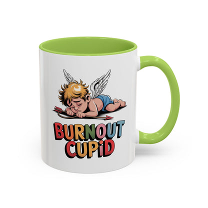 Burnout Cupid Coffee Mug — Cute Tired Cupid Accent Mug (11/15 oz)