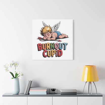 Burnout Cupid Matte Canvas Wall Art — Tired Cupid Illustration for Valentine’s Day, Self-Care & Humor