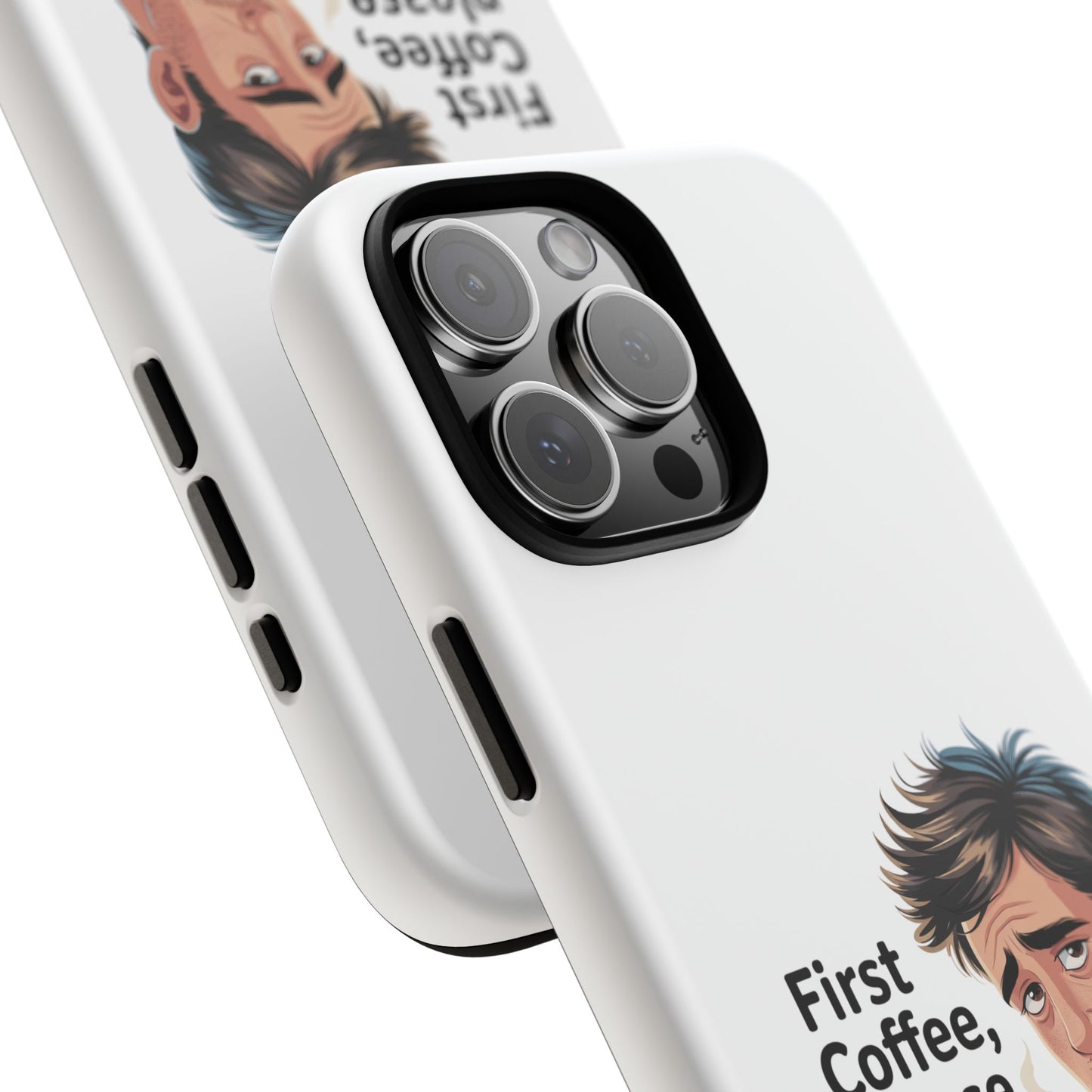 Funda para iPhone: "Primer café, por favor". Ilustración divertida del café de la mañana.