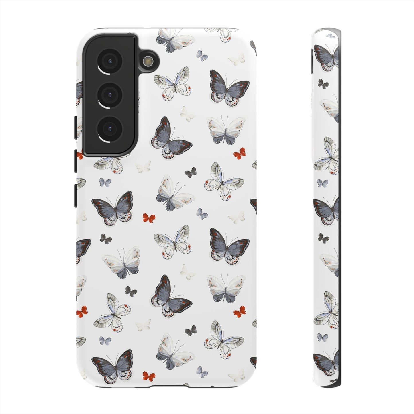 Funda para Samsung con diseño de mariposas: elegante funda protectora monocromática con detalles en rojo
