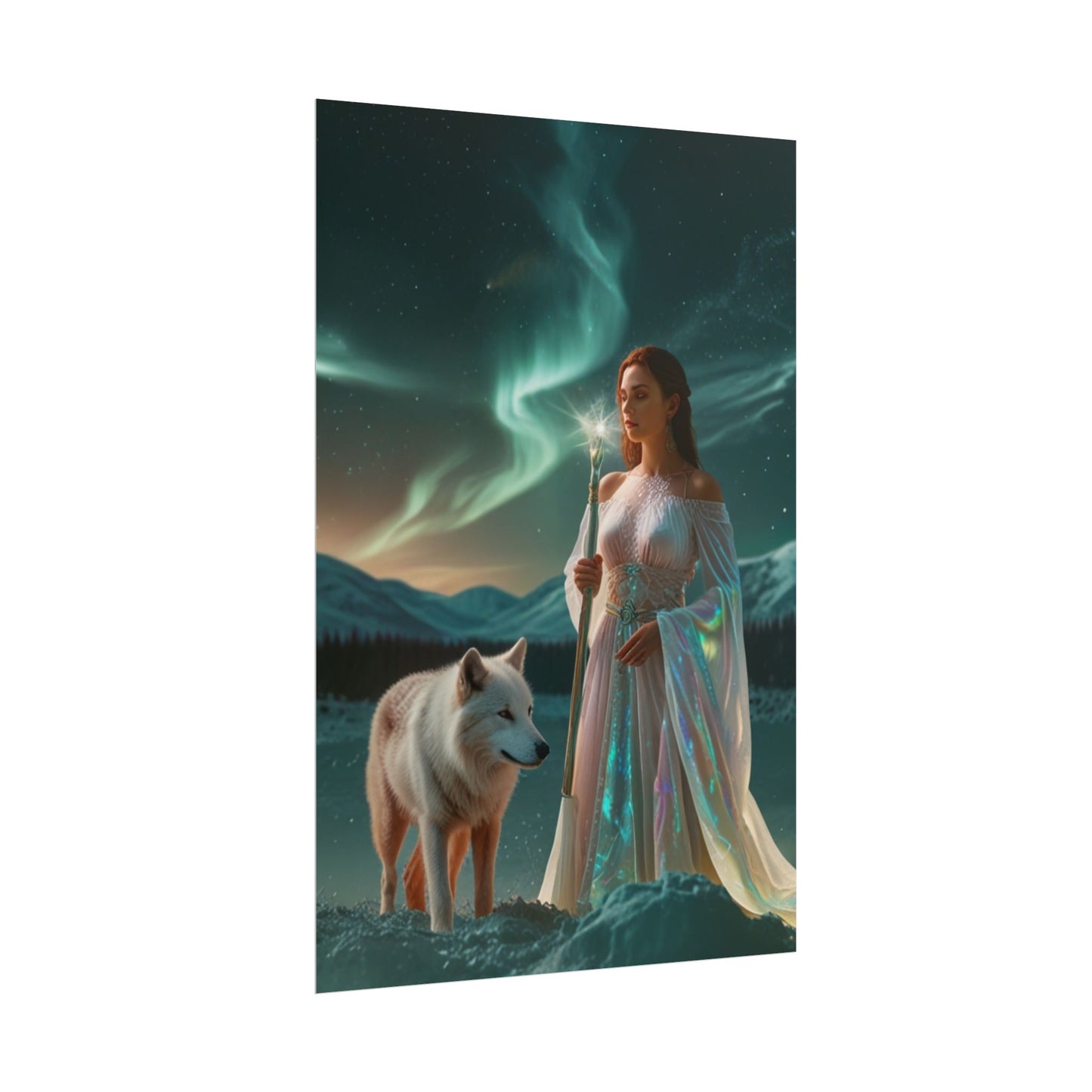 Aurora Guardian Poster – Fantasy-Frau mit weißem Wolf (Wandbild)