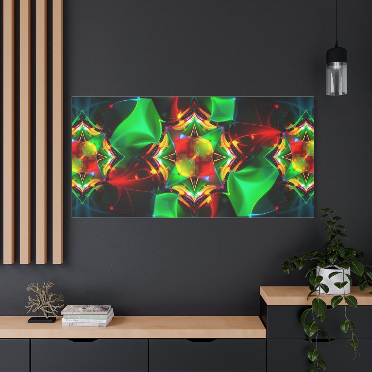 Kaleidoscope Abstract Matte Canvas Wall Art — Vibrant Green & Red Stretched Print