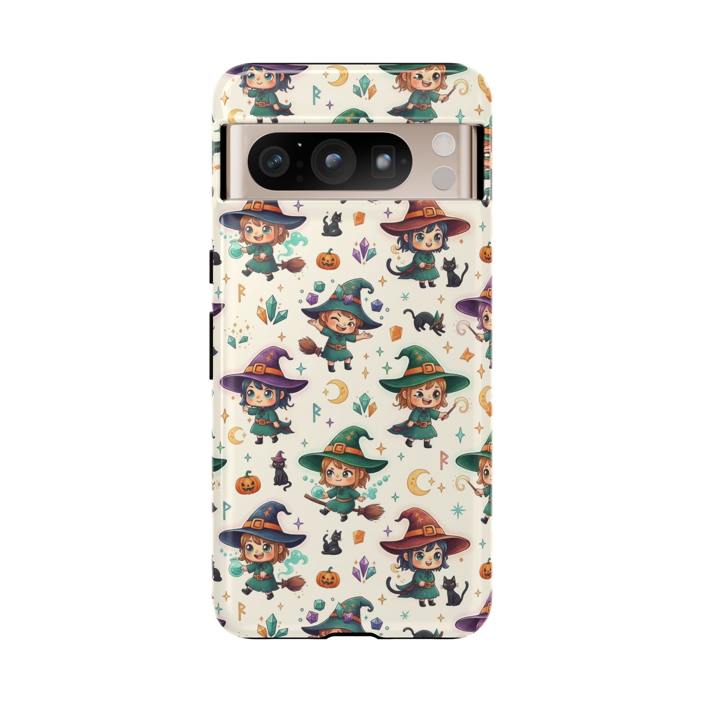 Google Phone - Cute Halloween Witch Phone Case – Cartoon Witches, Black Cats & Pumpkins