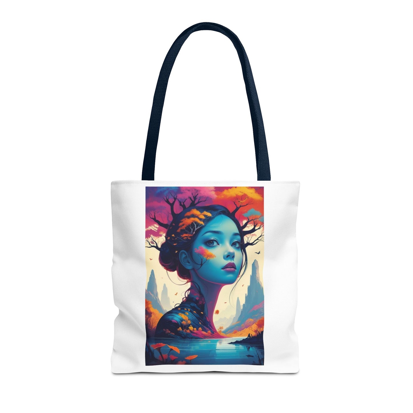 Artistic Blue Forest Maiden Tote Bag - Surreal Portrait All-Over Print