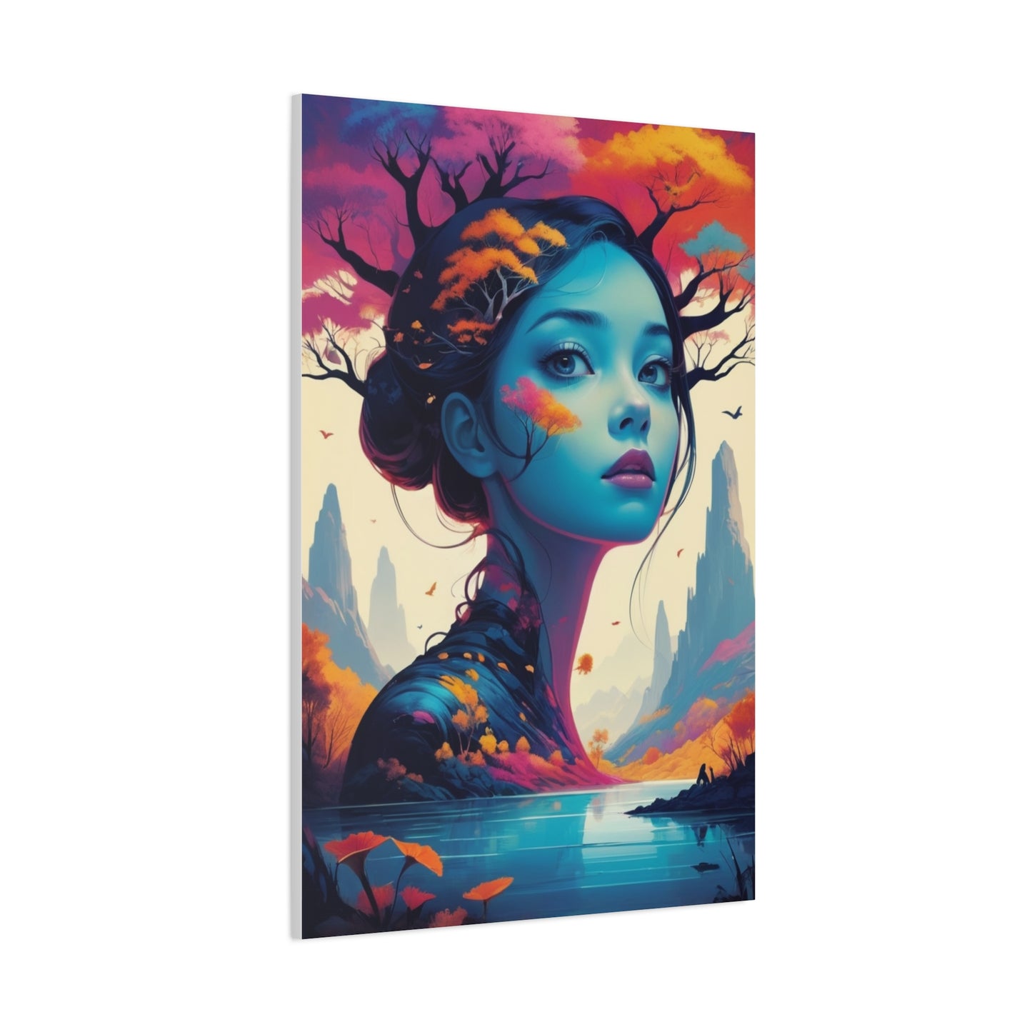 Surreal Blue Muse Matte Stretched Canvas Art — Dreamscape Portrait Wall Decor