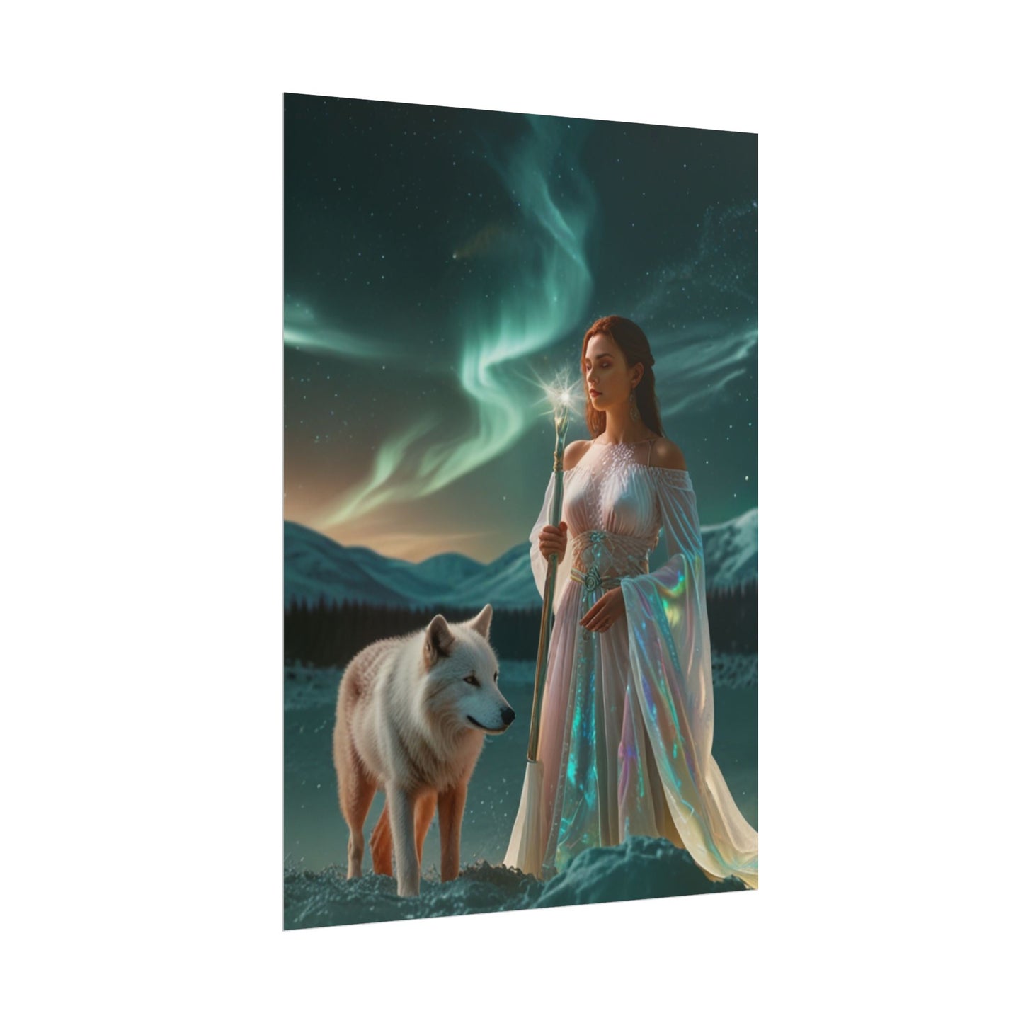 Aurora Guardian Poster – Fantasy-Frau mit weißem Wolf (Wandbild)