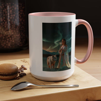 Taza de café Aurora Guardiana — Arte fantástico de mujer con lobo
