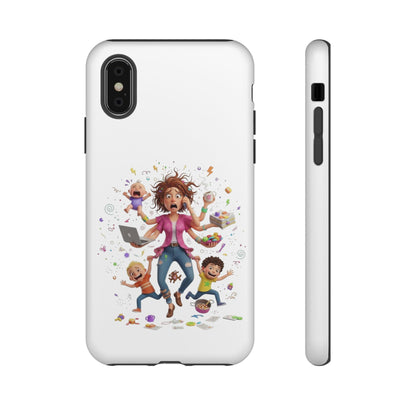 iPhone Phone Case — Hectic Mom Cartoon Design (Multitasking Mother, Kids & Chaos)