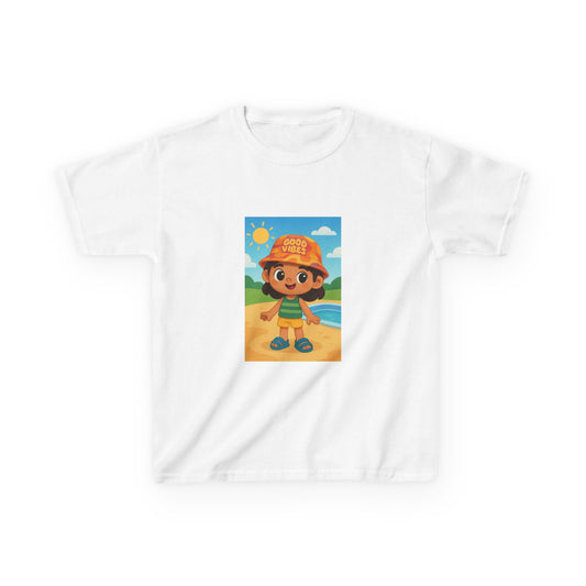 Kids Tee — Cute Beach Kid Graphic "Good Vibes" Summer T‑Shirt