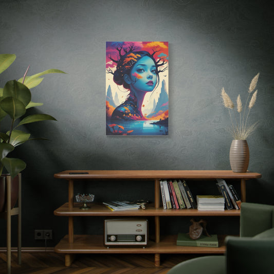 Surreal Blue Muse Matte Stretched Canvas Art — Dreamscape Portrait Wall Decor