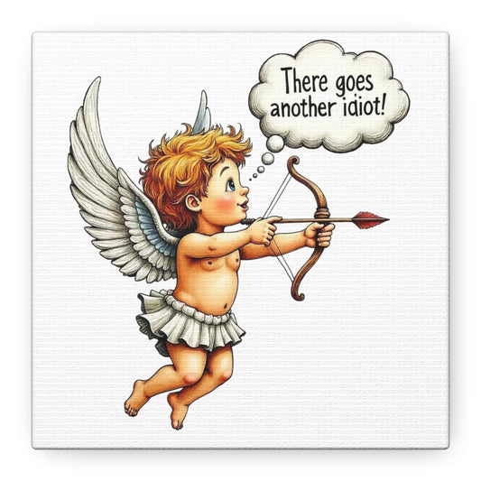 Funny Cupid Canvas Wall Art – 'There Goes Another Idiot!' Stretched Matte Canvas