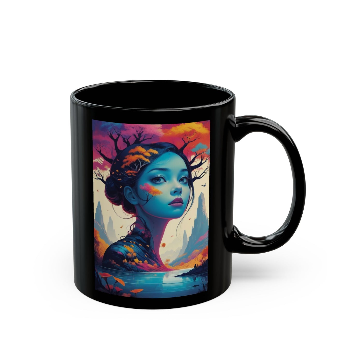 Künstlerisch gestalteter Fantasy-Becher – Design: Blaue Waldgöttin (325 ml/440 ml)