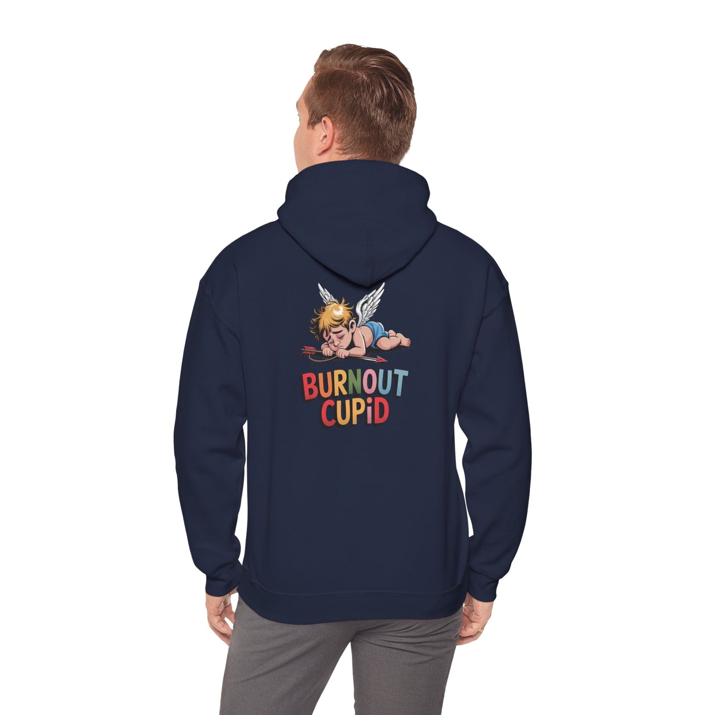 Burnout Cupid Hoodie — Cute Tired Cupid Graphic Pullover