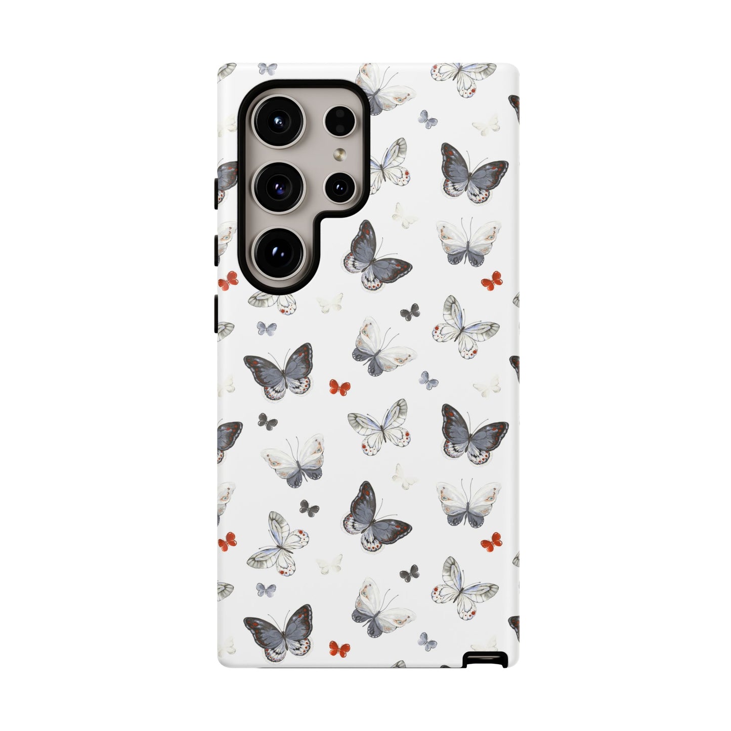 Funda para Samsung con diseño de mariposas: elegante funda protectora monocromática con detalles en rojo