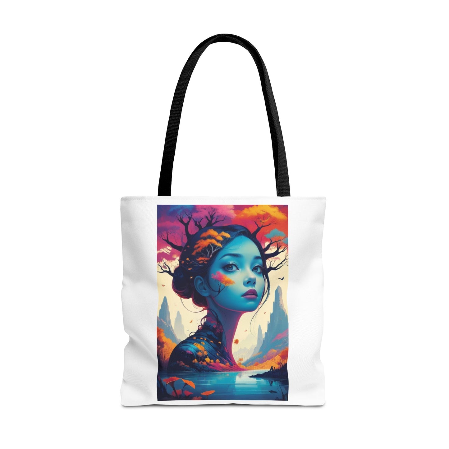 Artistic Blue Forest Maiden Tote Bag - Surreal Portrait All-Over Print