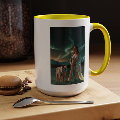 Taza de café Aurora Guardiana — Arte fantástico de mujer con lobo