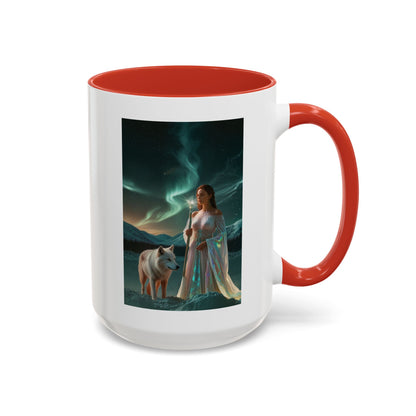 Taza de café Aurora Guardiana — Arte fantástico de mujer con lobo