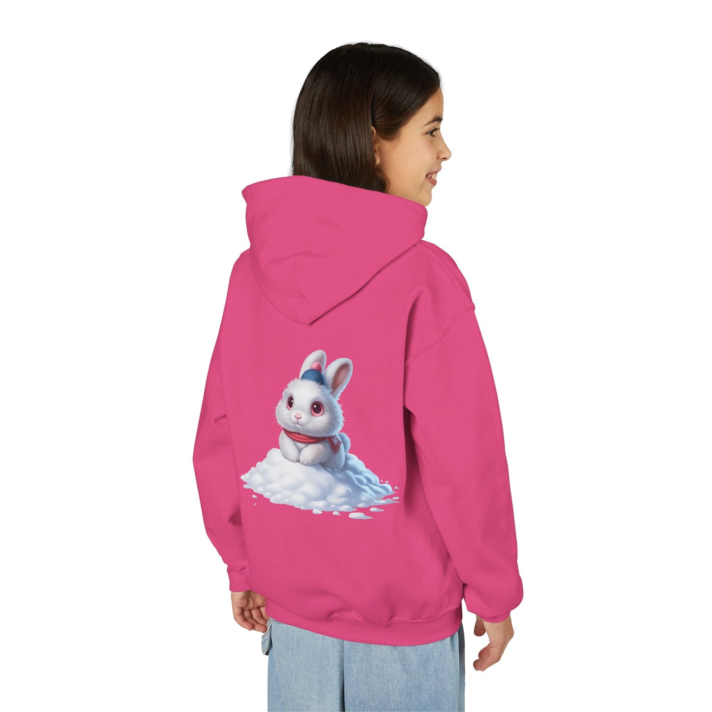 Youth Hoodie — Cute White Bunny in Snowback Graphic