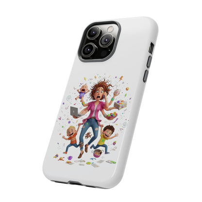 iPhone Phone Case — Hectic Mom Cartoon Design (Multitasking Mother, Kids & Chaos)
