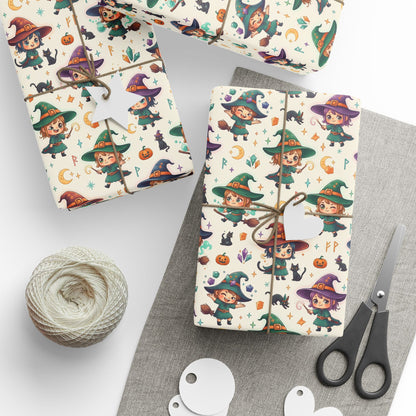 Papel para envolver regalos: bonito papel con estampado de brujas de Halloween para niños y regalos de fiesta.