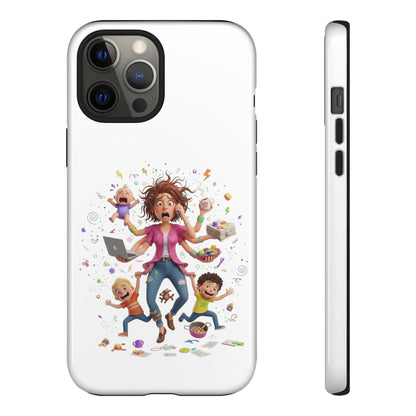 iPhone Phone Case — Hectic Mom Cartoon Design (Multitasking Mother, Kids & Chaos)
