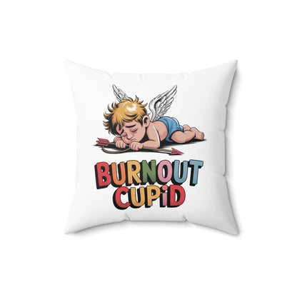 Burnout Cupid Throw Pillow — Cute Tired Cupid Decorative Pillow with 'Burnout Cupid' Text