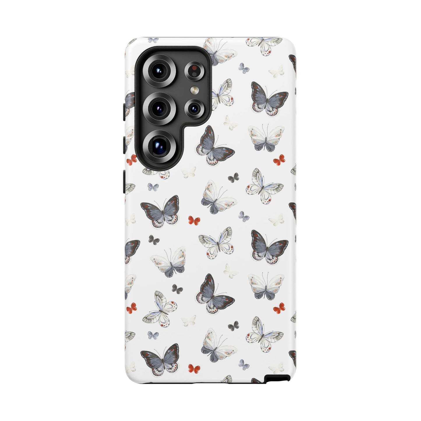 Funda para Samsung con diseño de mariposas: elegante funda protectora monocromática con detalles en rojo