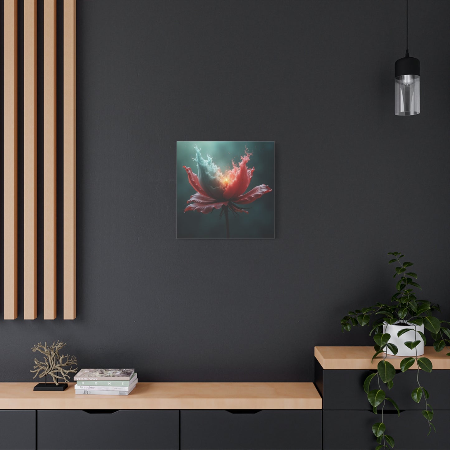 Surreal Bloom Canvas Art — Fiery Red & Teal Flower Matte Stretched Print