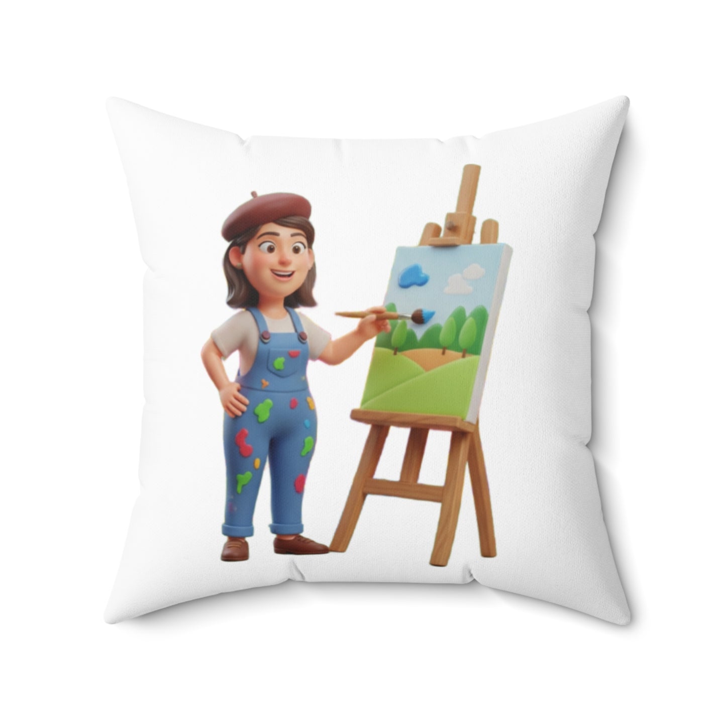 Artist Painting Pillow — Cute Painter Illustration Square Throw Pillow