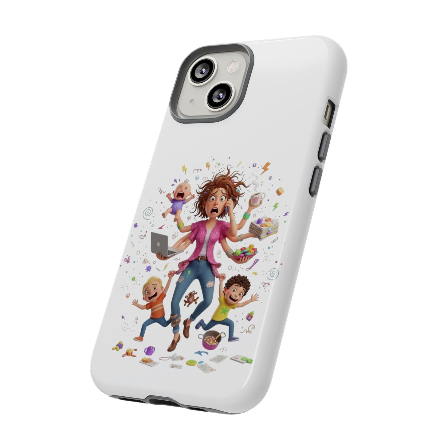 iPhone Phone Case — Hectic Mom Cartoon Design (Multitasking Mother, Kids & Chaos)