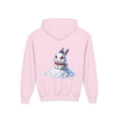 Youth Hoodie — Cute White Bunny in Snowback Graphic
