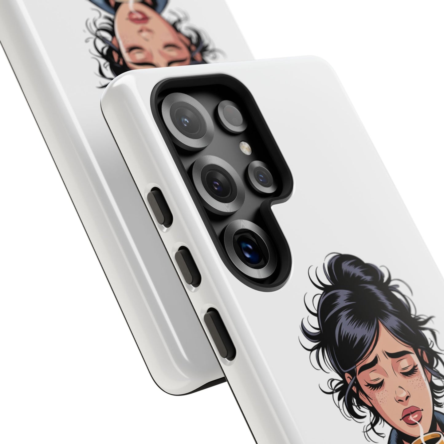 Samsung Phone Case — “First Coffee, Please” Cute Tired Girl Coffee Lover Phone Cover