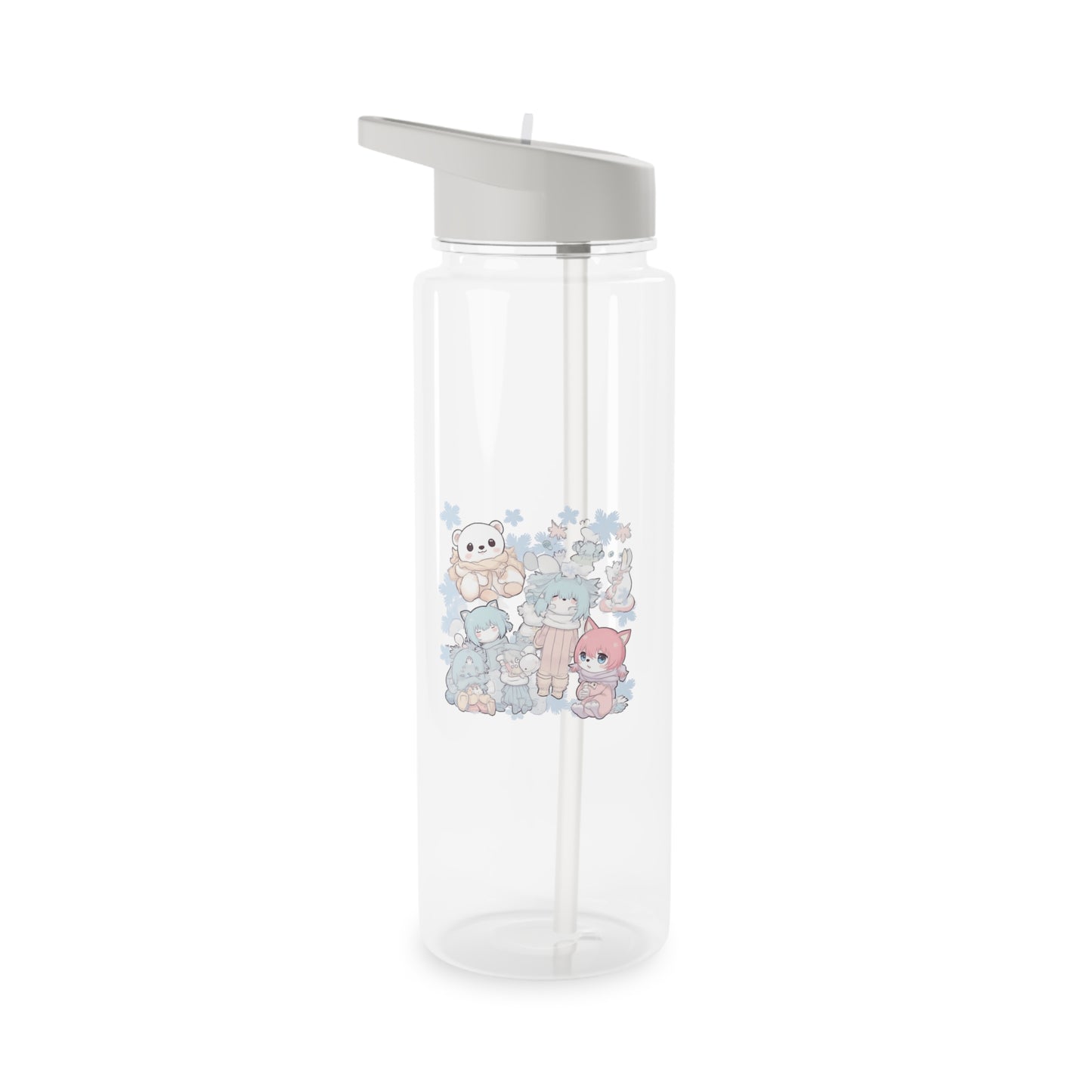 Niedliche pastellfarbene Plüsch-Tritan-Wasserflasche — Kawaii-Sportflasche mit Tiermuster