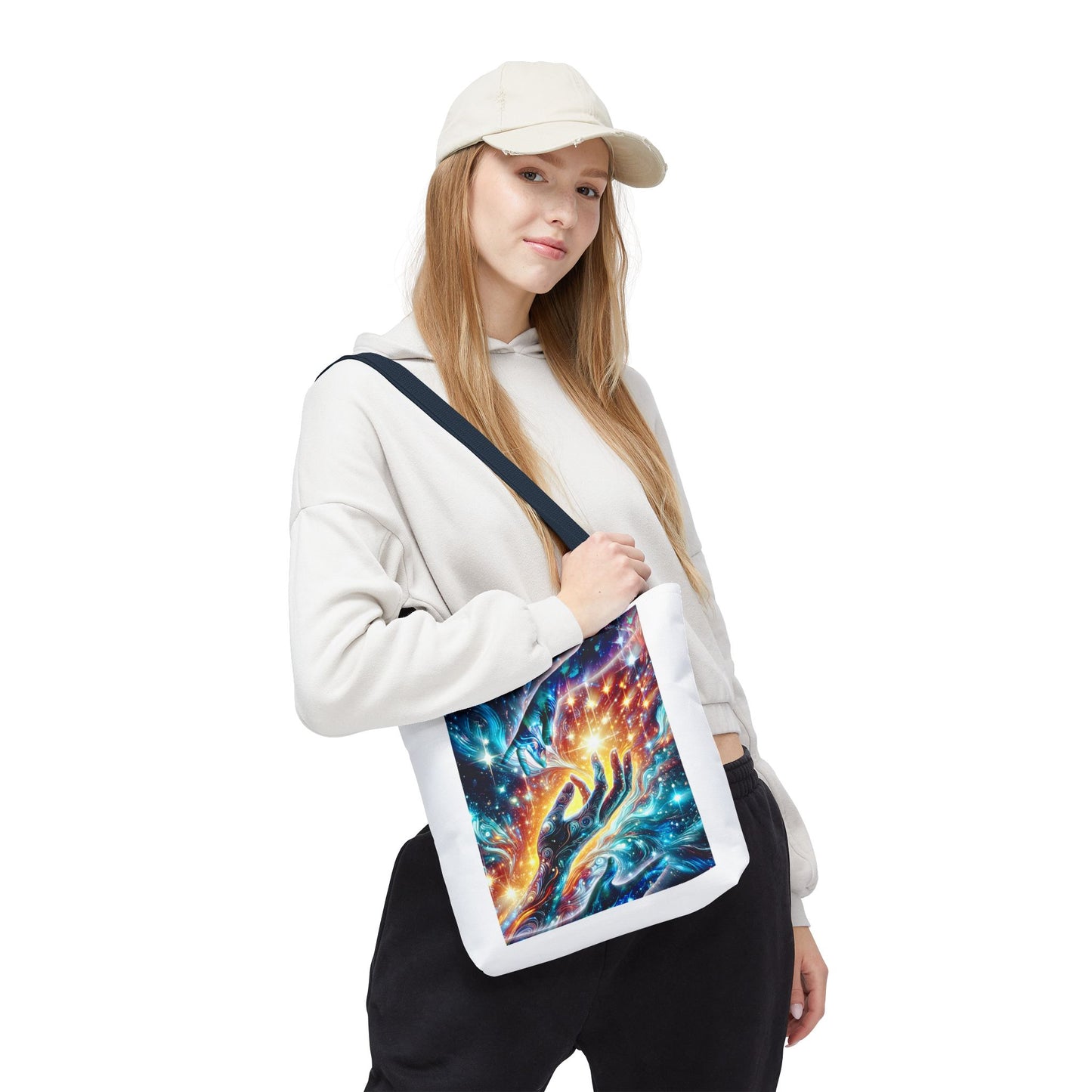 Cosmic Hands Tote Bag — Vibrant Galaxy Art Tote for Everyday, Beach & Gifts