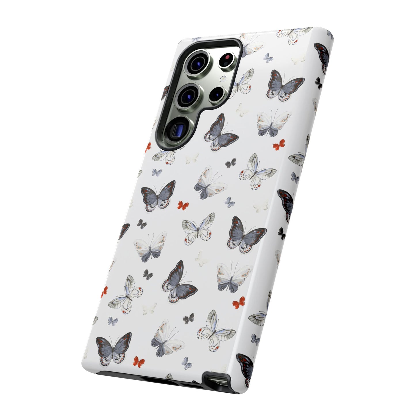 Funda para Samsung con diseño de mariposas: elegante funda protectora monocromática con detalles en rojo