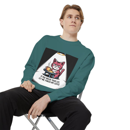 Lustiges Katzen-Sweatshirt – „Wenn dir dein Leben lieb ist, lass mich meinen Kaffee austrinken“ – Kuscheliger Pullover mit Grafikprint