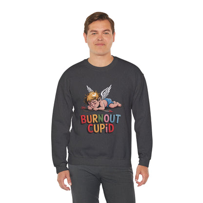 Burnout Cupid Sweatshirt — Tired Cupid Graphic Crewneck for Valentine’s Day