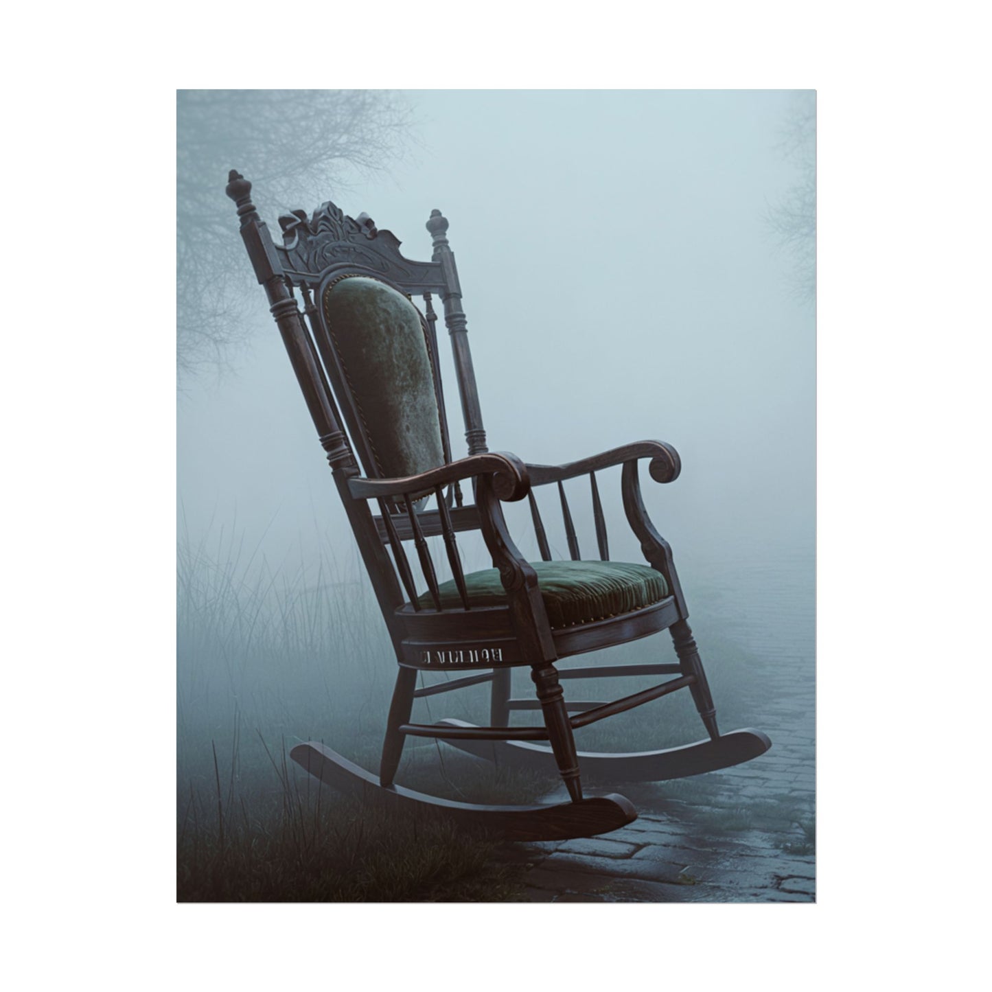 Vintage-Schaukelstuhl-Poster – Stimmungsvolles, nebliges Cottage-Wandbild (gerolltes Poster)