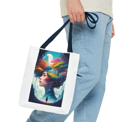 Surreale Traumlandschaft-Tragetasche – Bunte Frau &amp; Waldmotiv