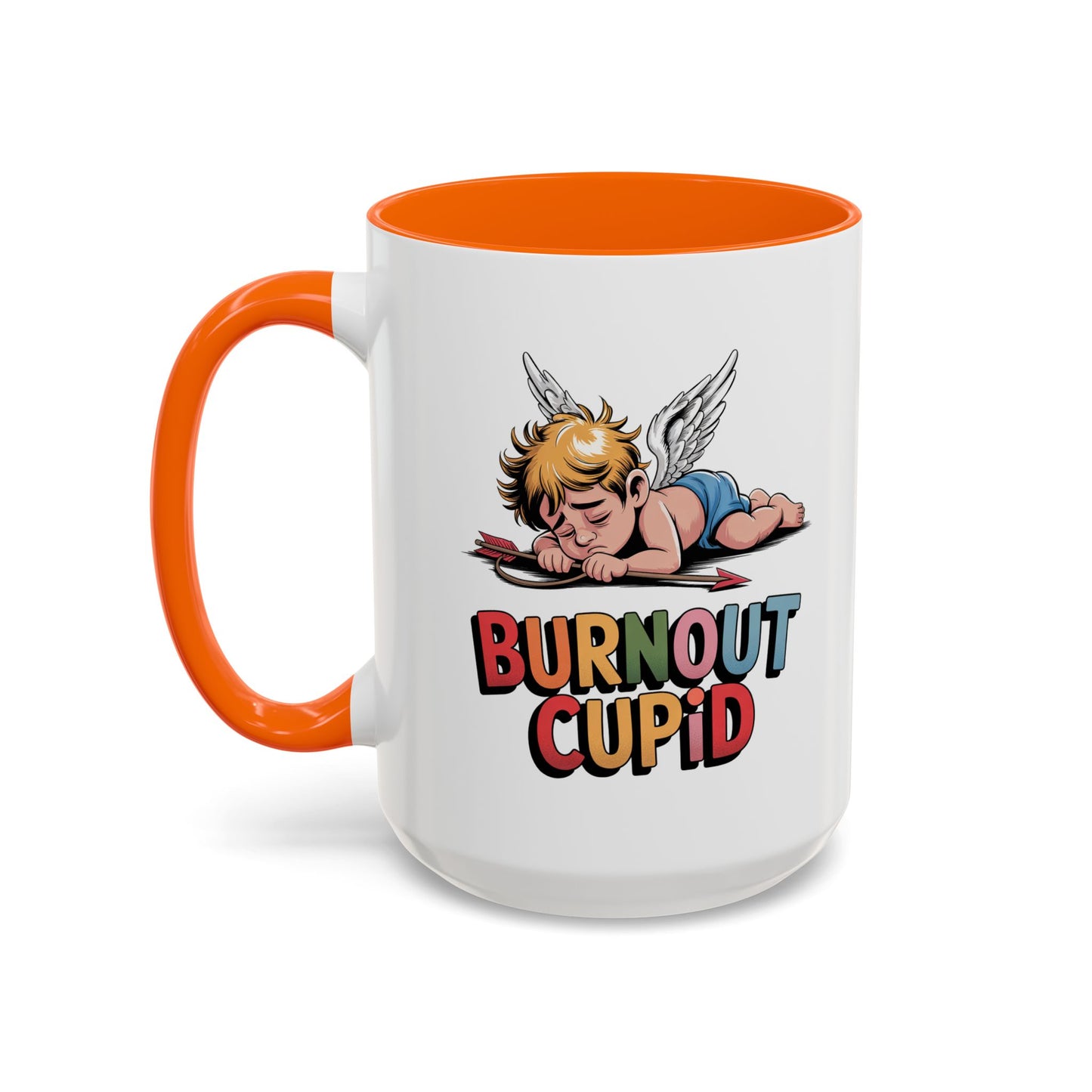 Burnout Cupid Coffee Mug — Cute Tired Cupid Accent Mug (11/15 oz)