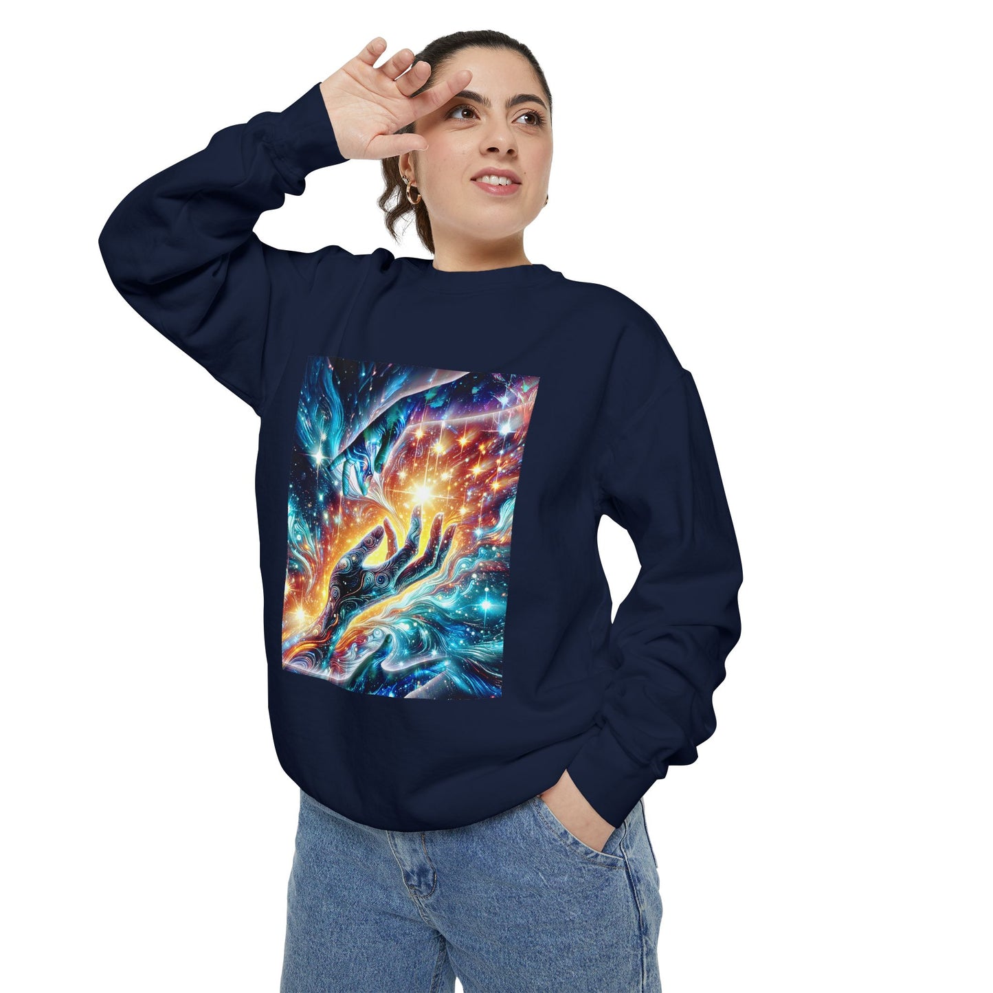 Galaxy Touch Sweatshirt — Cosmic Hands Astral Art Crewneck