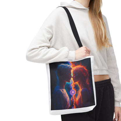Cosmic Lovers Tote Bag — Flame & Ice Couple Art AOP