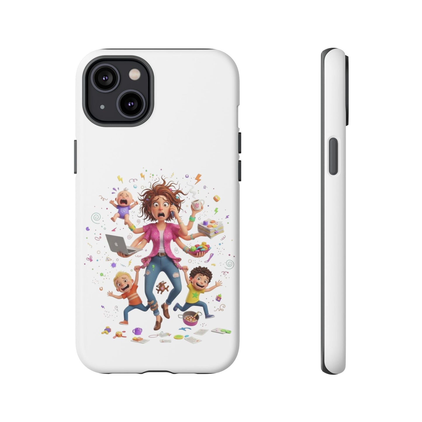 iPhone Phone Case — Hectic Mom Cartoon Design (Multitasking Mother, Kids & Chaos)