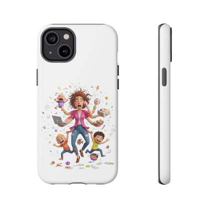 iPhone Phone Case — Hectic Mom Cartoon Design (Multitasking Mother, Kids & Chaos)