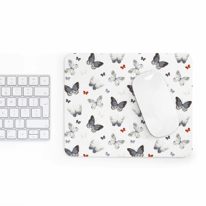 Butterfly Pattern Mouse Pad — Delicate White & Gray Butterflies Desk Mat