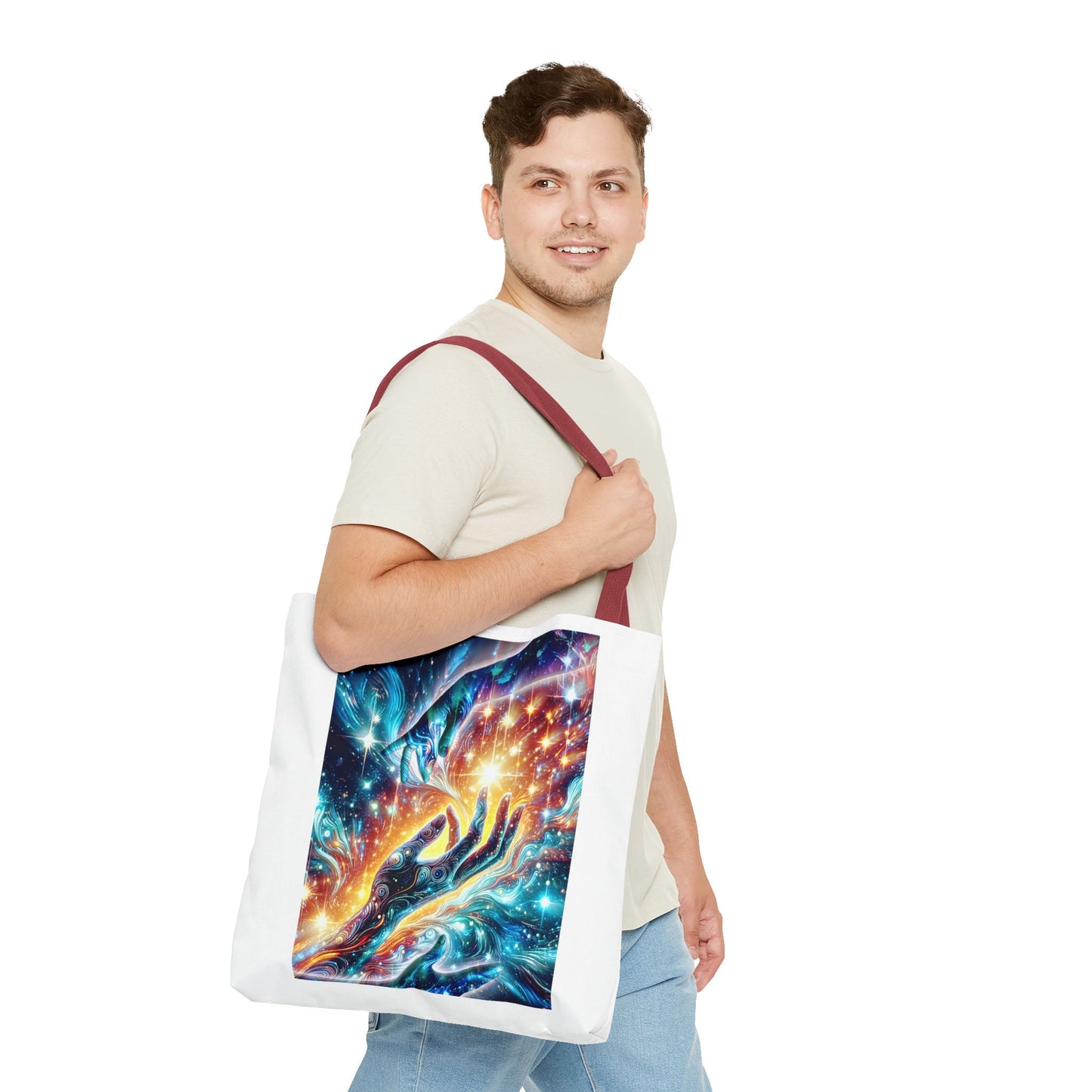 Cosmic Hands Tote Bag — Vibrant Galaxy Art Tote for Everyday, Beach & Gifts